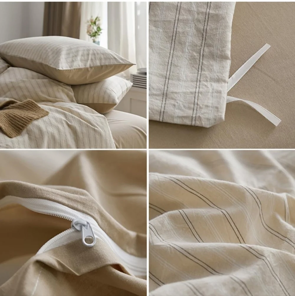 Beige Striped Duvet Cover Queen Size 100% Washed Cotton Duvet Cover Linen Like T